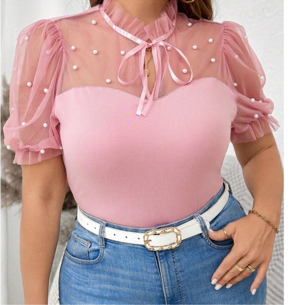 Plus Bohemian Pink Pearl Accent Puff Sleeve Top 1X 2X 3X 4X
